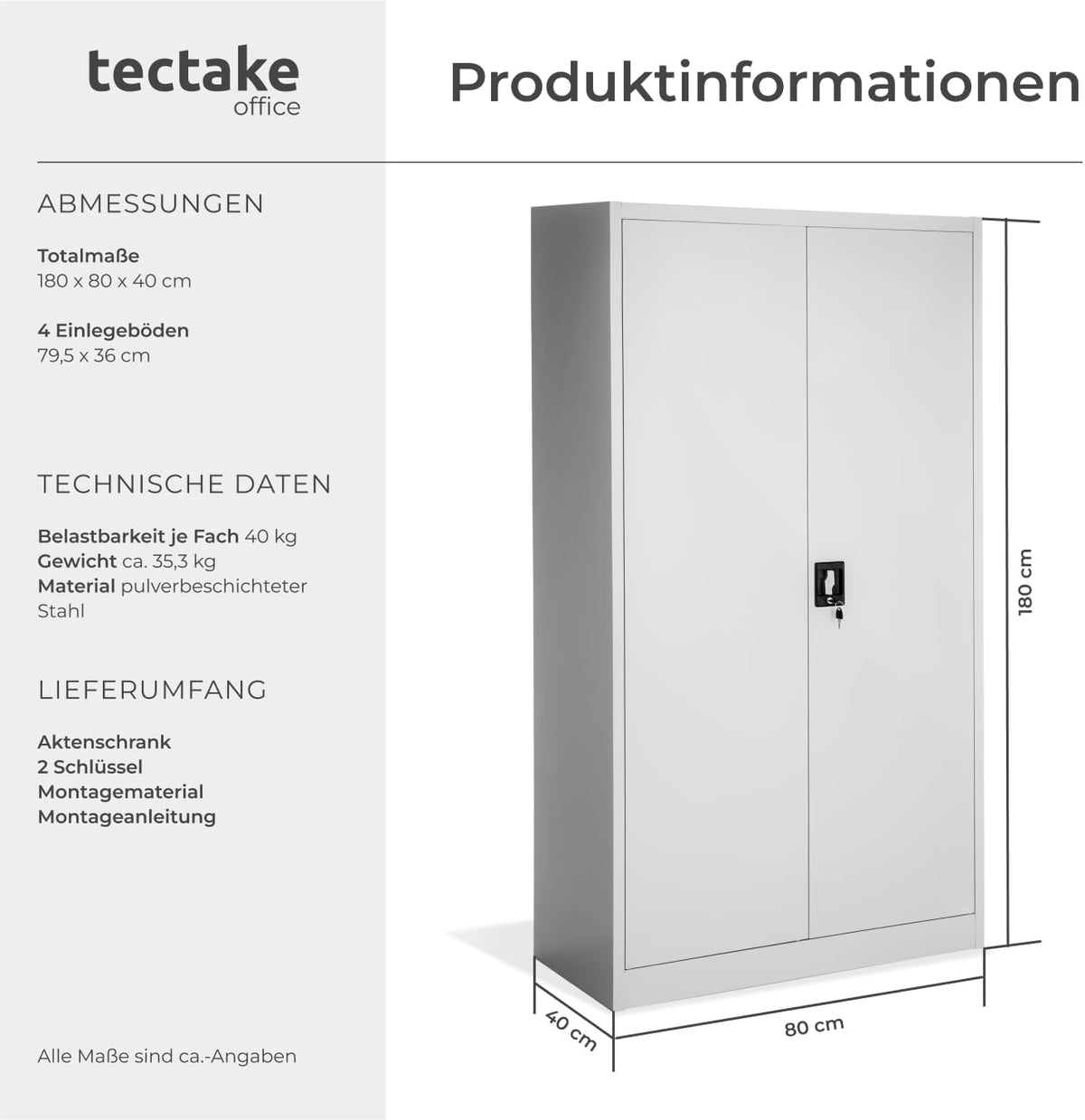 tectake® Aktenschrank, Büroschrank abschließbar, Mehrzweckschrank aus Stahl, Allzweckschrank mit 2 Türen, inkl. 3 höhenverstellbare Einlegeböden, Aktenschrank abschließbar 180x80x40 cm - grau