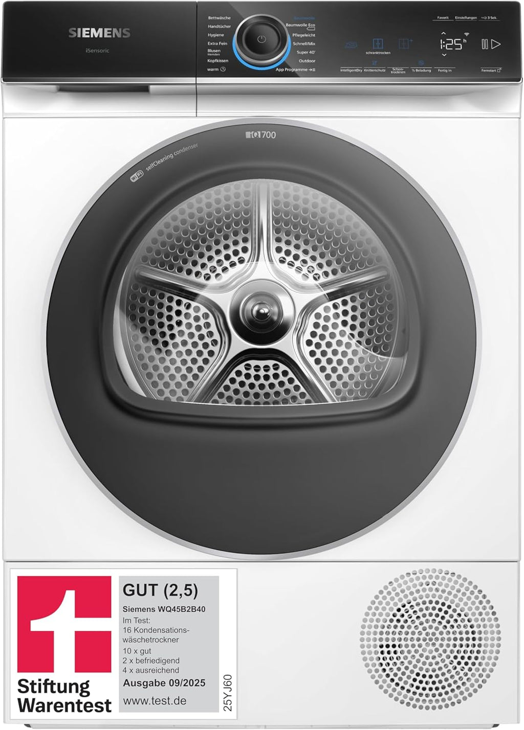 Siemens WQ45B2B40, Stiftung Warentest GUT (2,5) , iQ700 Smarter Wärmepumpen-Trockner 9kg, autoDry optimale Trocknung, selbstreinigender Kondensator, Touch LED-Display, intelligentDry, Outdoor-Programm