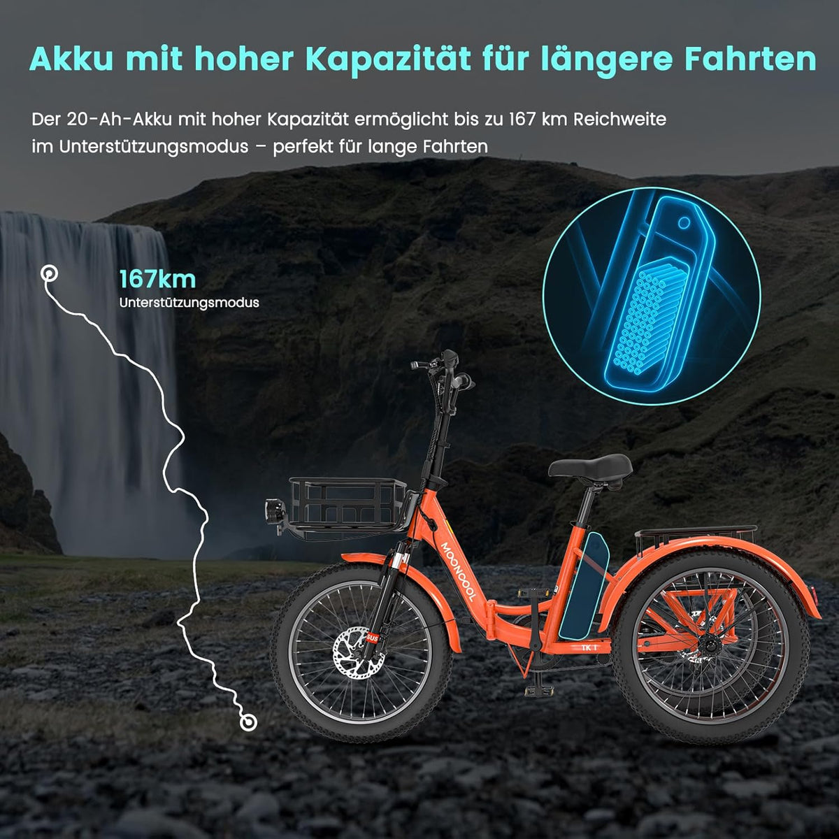 MOONCOOL E Bike Klapprad, 20" E Bike Herren Damen Mit 36V 20AH Akku, 250W Motor Elektrofahrrad, LCD-Display, Geschwindigkeit 25 KM/H, 167 KM Reichweite, IP65, 45 NM Electric Bike Mit GroßEn KöRben