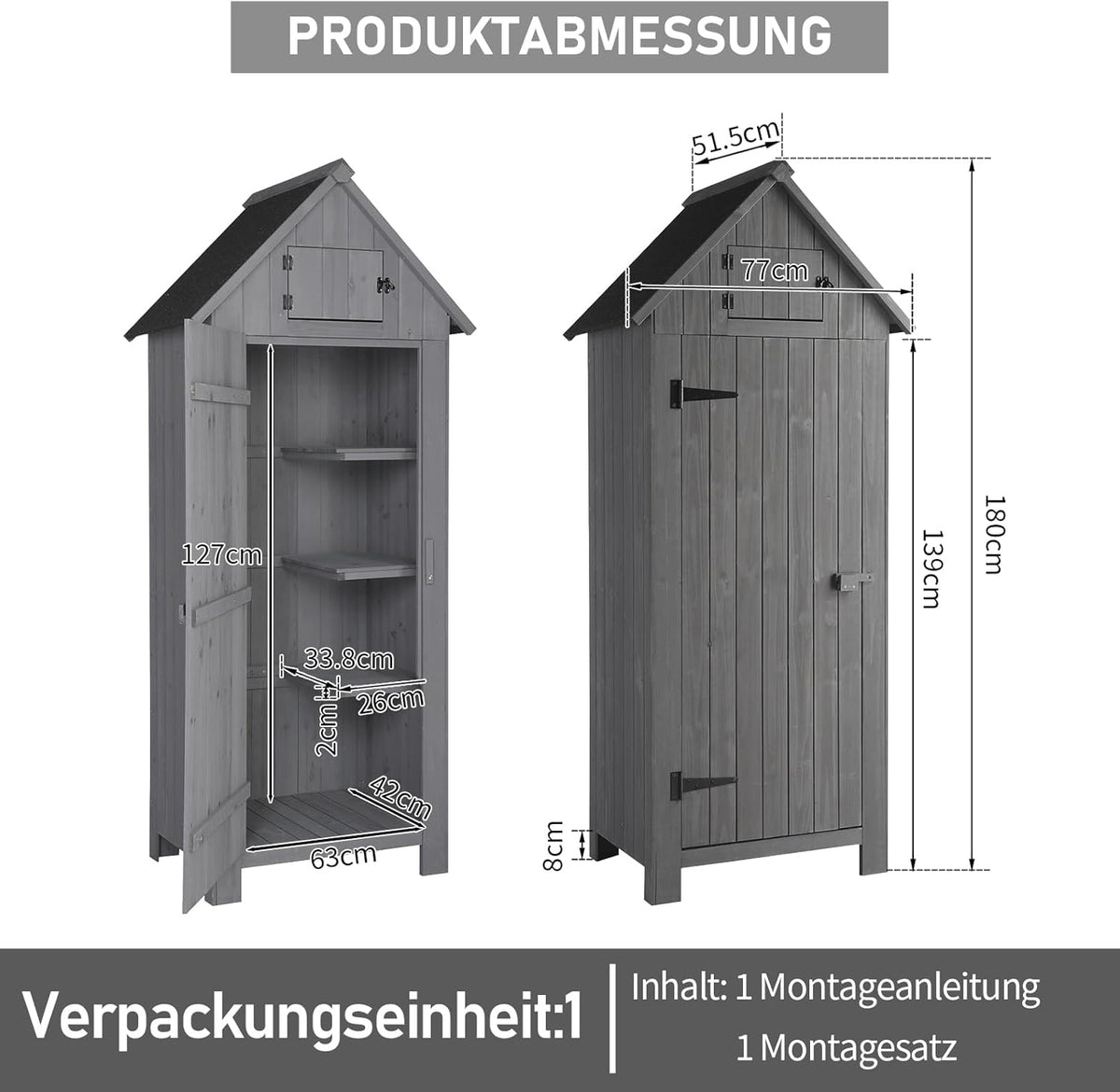 LEADZM Gartenschrank Holz für Außenbereich, gartenhaus Holz, Grau, 3 Regalböden, geräteschuppen für Garten, Terrasse, 77 X 54 X 180 cm