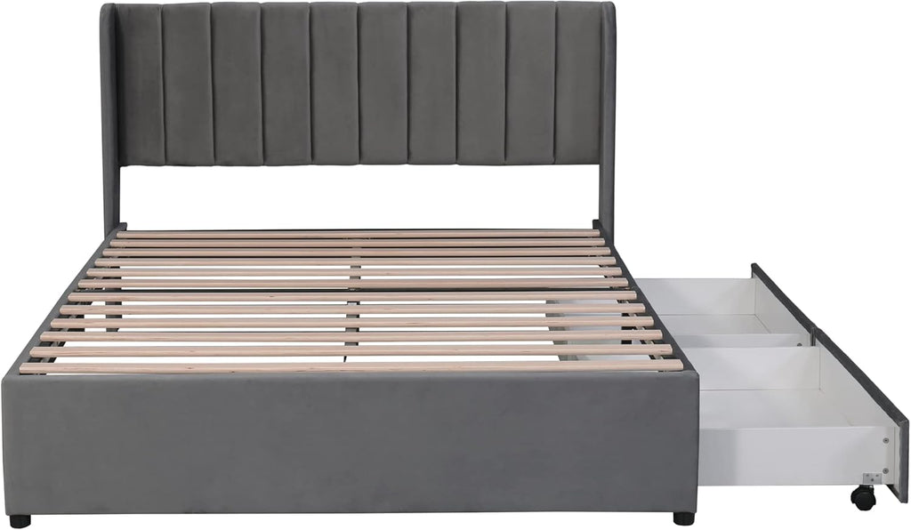 Polsterbett Doppelbett 140x200 cm, Bett mit 2 Stauraum Schubladen und Lattenrost aus Holz, Stauraumbett Bettgestell mit Metallrahmen, Samt, Grau (Ohne Matratze)