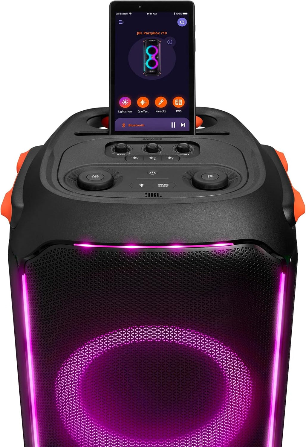 JBL PartyBox 710 - Schwarz â€?Trag - und rollbarer Bluetooth Party-Lautsprecher mit Lichteffekten â€?Spritzwassergeschützte, mobile Musikbox