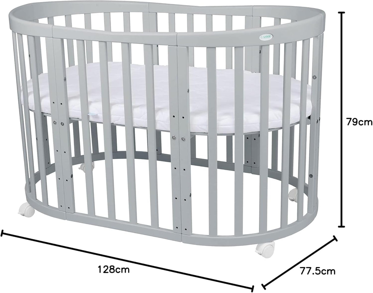 Waldin Oval Baby-Bett Mitwachsend Komplett Set 7in1, Gitterbett, Kinderbett mit Matratze, Wickelkommode, Beistellbett, Holz Weiß