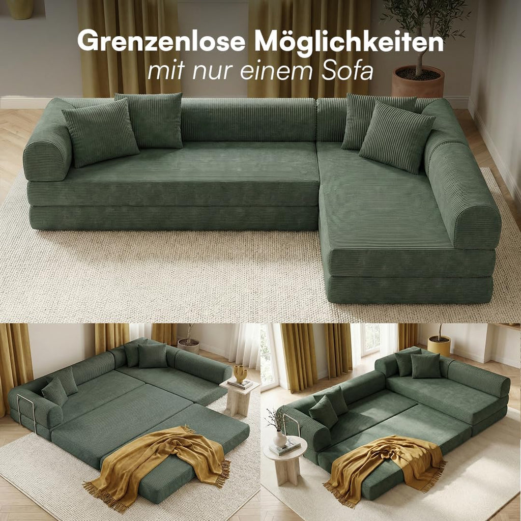 skølm Lofn Ecksofa 4 Sitzer â€?Wohnlandschaft L-Form Cord â€?Klappsofa 300cm breit Dunkelgrün â€?ausklappbar zum Schlafsofa, Bodensofa â€?Vollschaum Sofa mit 4 Kissen & Stahlgestell â€?Cloud Couch boneless | ohne Aufbau