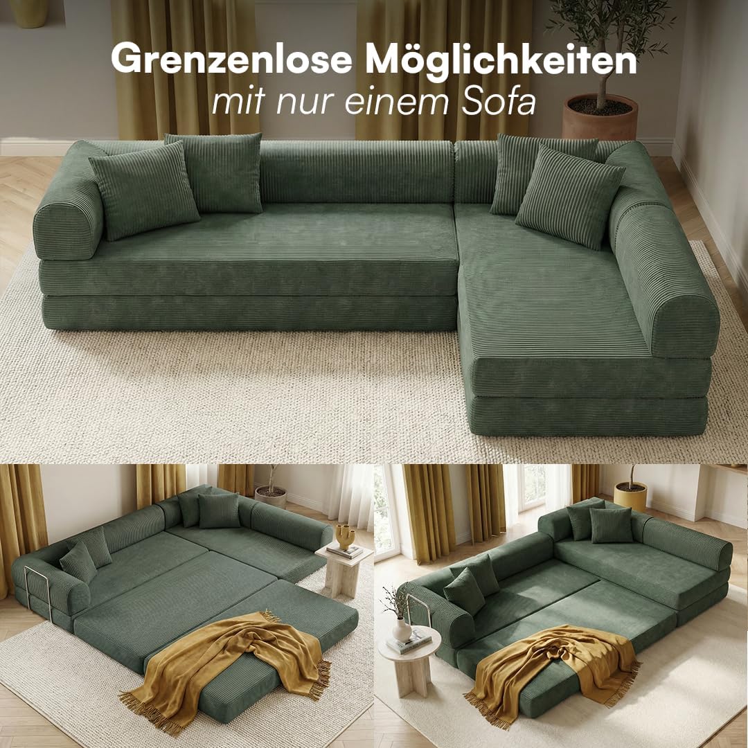 skølm Lofn Ecksofa 4 Sitzer â€?Wohnlandschaft L-Form Cord â€?Klappsofa 300cm breit Dunkelgrün â€?ausklappbar zum Schlafsofa, Bodensofa â€?Vollschaum Sofa mit 4 Kissen & Stahlgestell â€?Cloud Couch boneless | ohne Aufbau