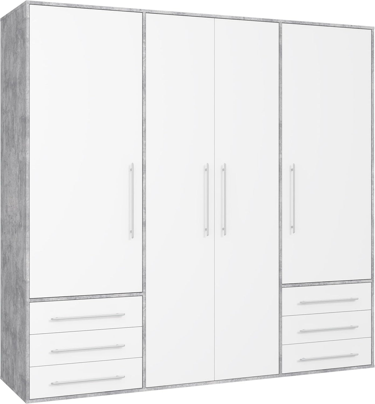 Forte Jupiter Kleiderschrank 205, Großer Schrank mit 4 Türen und 6 Schubladen, Holzwerkstoff, Weiß/Betonoptik Lichtgrau, 205,9 cm breit, 200 cm hoch, 53 cm tief