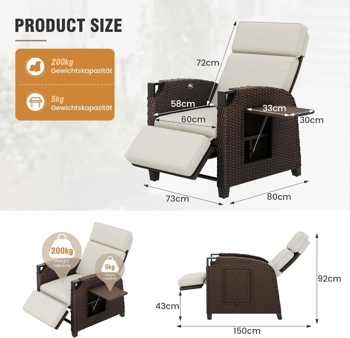 Amopatio Relaxliege Liegesessel, Rattan Sonnenliege mit Verstellbar Rückenlehne und Klapptisch, Outdoor Gartensessel wetterfestes, für Terrasse, Garten, Balkon â€?Beige & Braun
