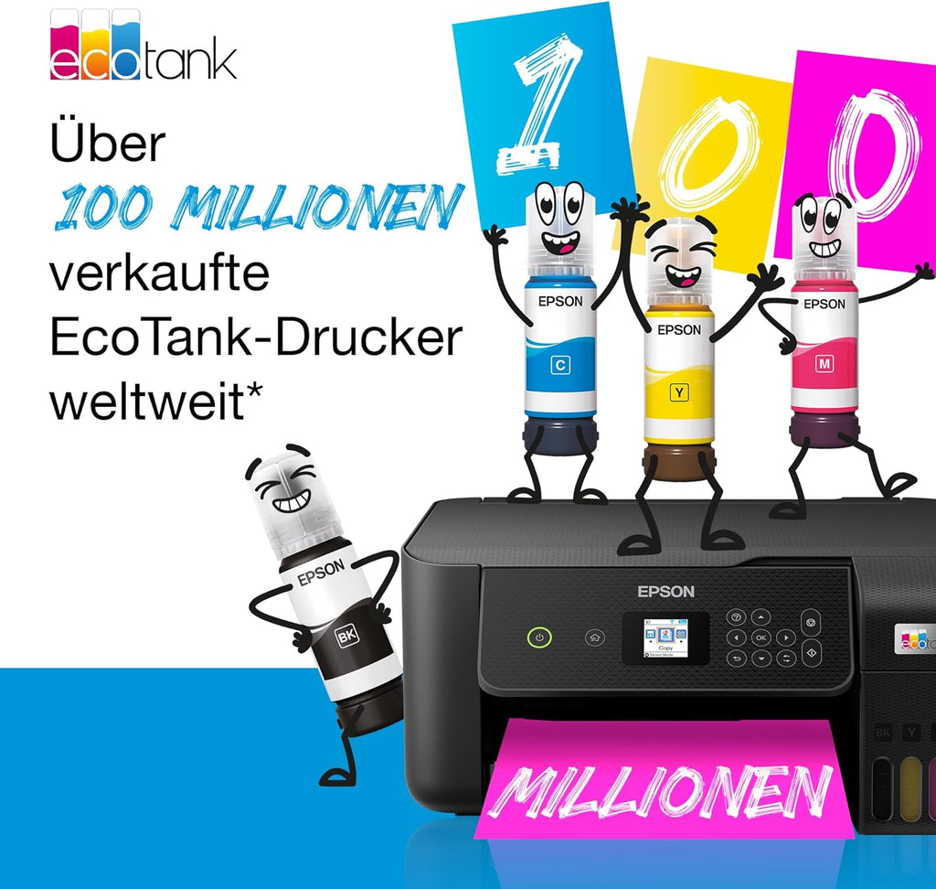 EcoTank ET-2862 Multifunktionsdrucker 3-in-1 A4, nachfüllbare Tanks, hohe Kapazität, 4 Flaschen enthalten 4500 Seiten B/N 7500 Seiten, Farbe, LCD-Display, USB, Wi-Fi/Direct beidseitig, Schwarz