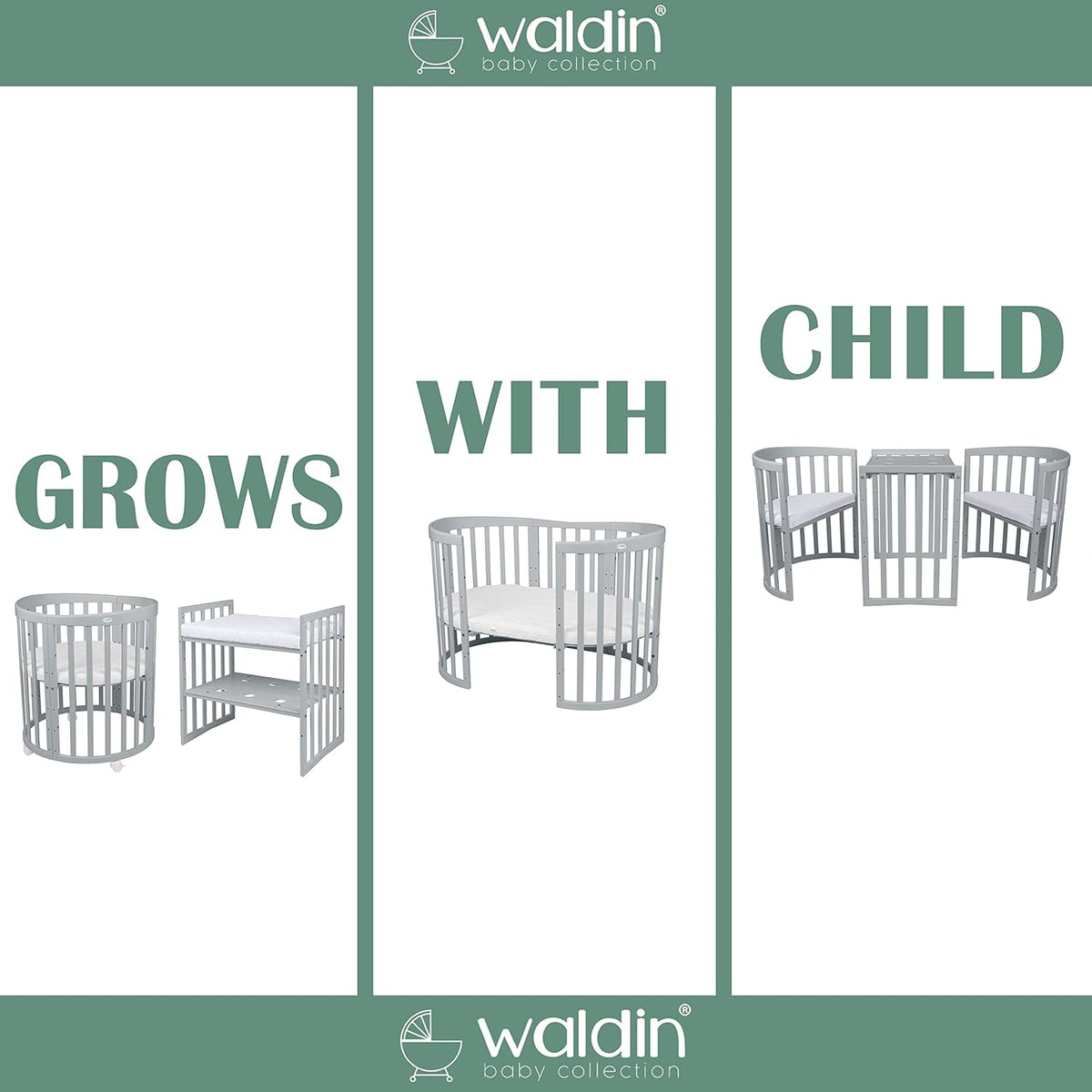 Waldin Oval Baby-Bett Mitwachsend Komplett Set 7in1, Gitterbett, Kinderbett mit Matratze, Wickelkommode, Beistellbett, Holz Weiß