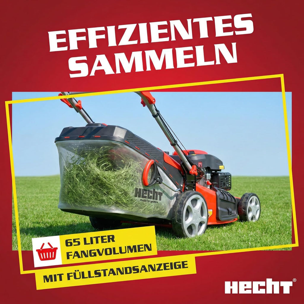 HECHT 5-IN-1 Benzin Rasenmäher - leistungsstarker 4 Takt Motor 4,0 kW (5,5 PS) - Elektrostart - 51 cm Schnittbreite - 65 l Fangkorb - Radantrieb - patentierte Räder - Mulchmäher Rasenmäher