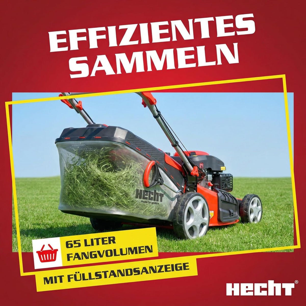 HECHT 5-IN-1 Benzin Rasenmäher - leistungsstarker 4 Takt Motor 4,0 kW (5,5 PS) - Elektrostart - 51 cm Schnittbreite - 65 l Fangkorb - Radantrieb - patentierte Räder - Mulchmäher Rasenmäher