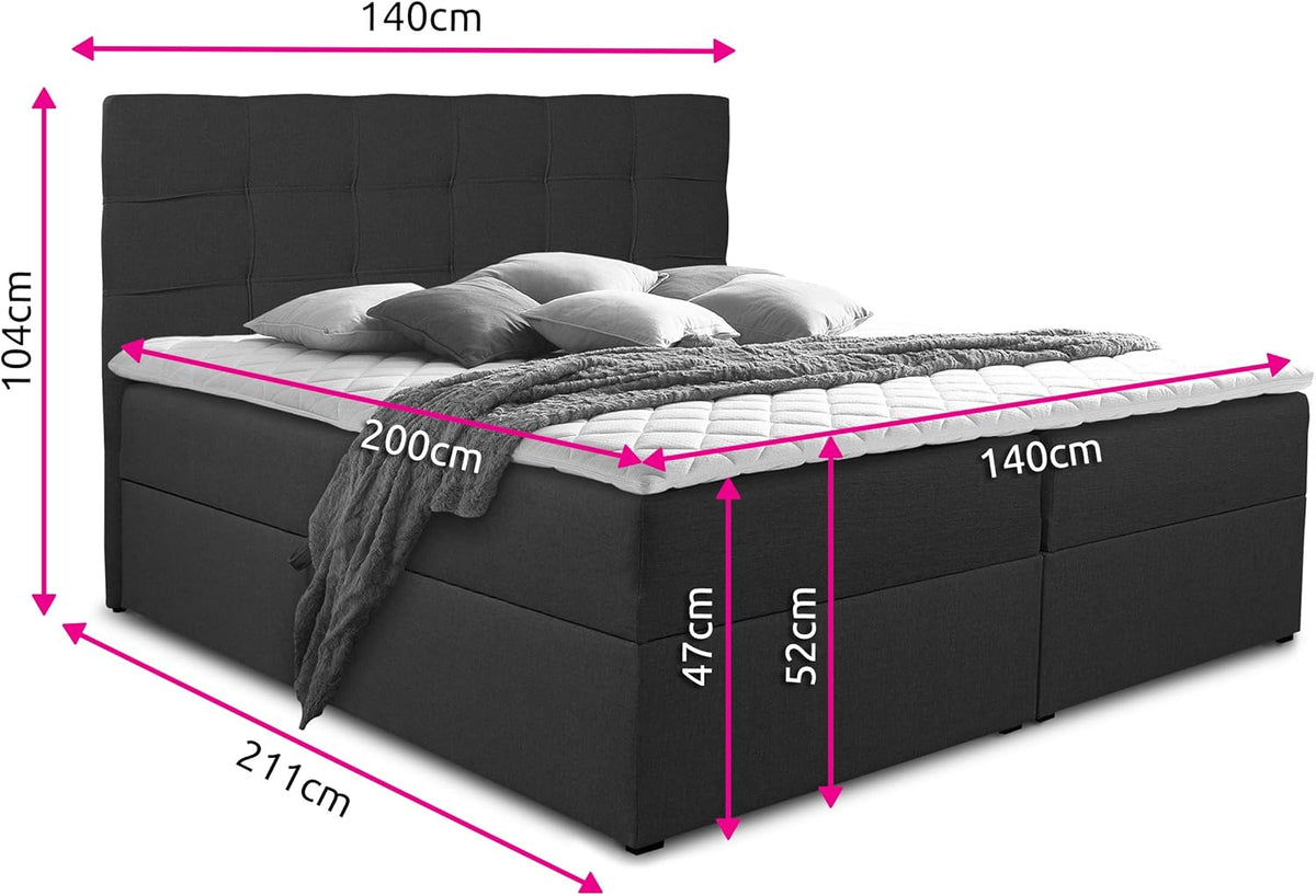 Sofnet Boxspringbett Best mit 2 Bettkästen, Doppelbett mit Bonell-Matratze und Topper, Polsterbett, Bett, Bettgestell, Stilvoll, Schlafzimmer (Grau (Inari 91), 140 x 200 cm)