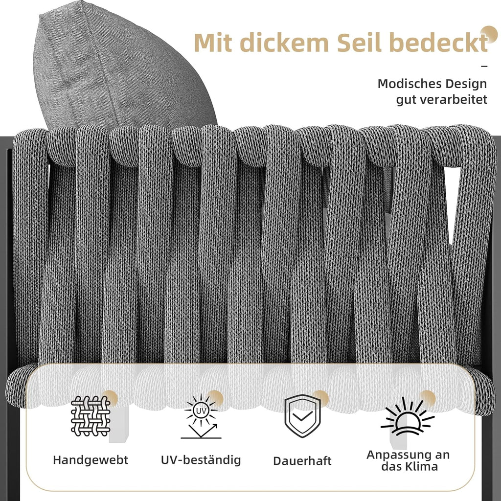 Merax Gartenmöbel Set 8-9 Personen, Sitzgruppe Gartenlounge Set mit Kissen & Tisch, Outdoor Ecksofa-Set aus verzinktem Eisen, handgeflochten dickem Seil, Essgruppe für Garten Balkon Terrasse, Grau