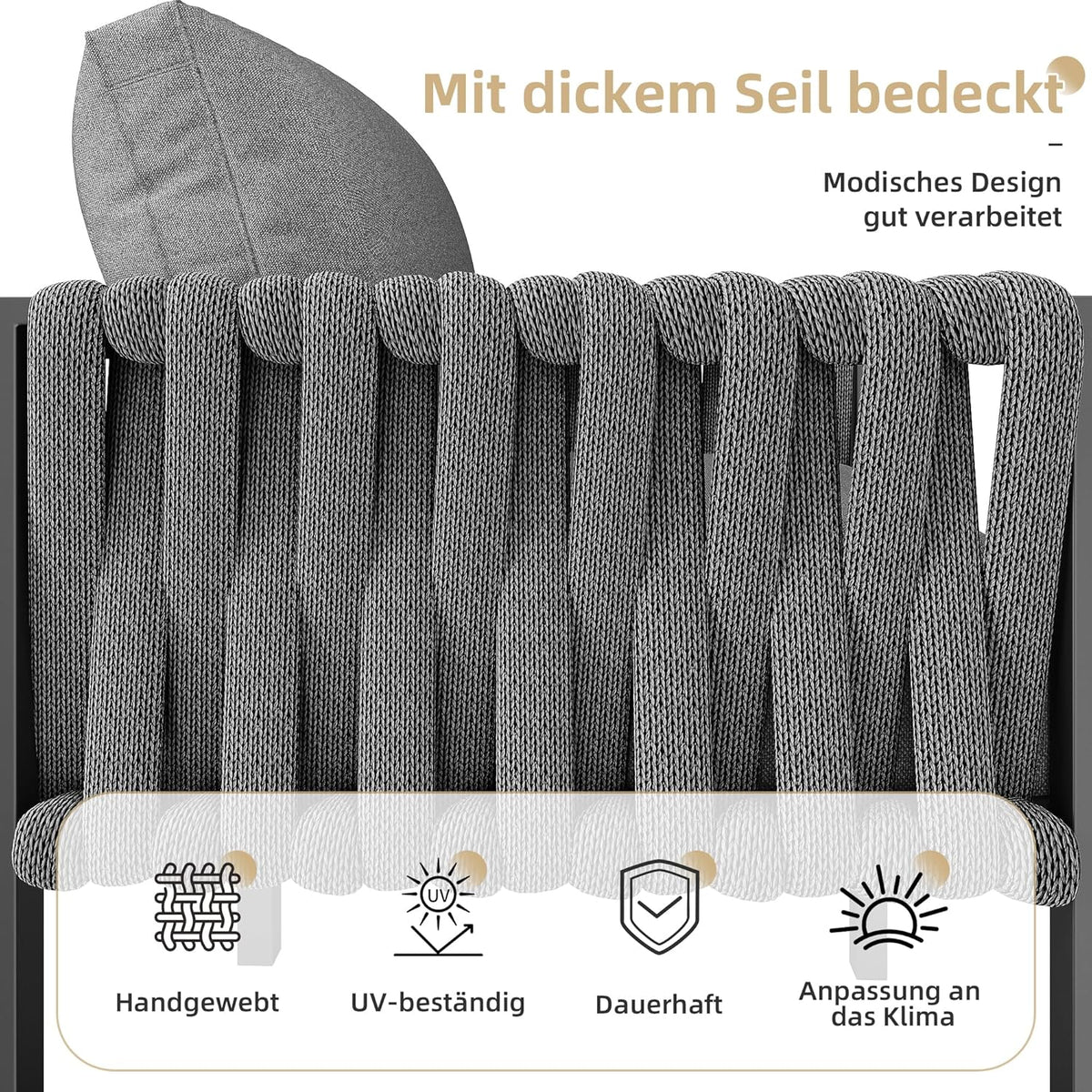 Merax Gartenmöbel Set 8-9 Personen, Sitzgruppe Gartenlounge Set mit Kissen & Tisch, Outdoor Ecksofa-Set aus verzinktem Eisen, handgeflochten dickem Seil, Essgruppe für Garten Balkon Terrasse, Grau