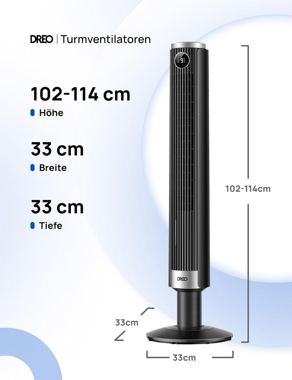 DREO Smart 102â€?14cm Turmventilator fürs Schlafzimmer, Höhenverstellbar, 8.4m/s, DC-Motor, 9 Stufen, 4 Modi, 90°-Oszillation, Standventilator, 20dB Leise, 12H Timer für Zuhause und Büro, Google/Alexa