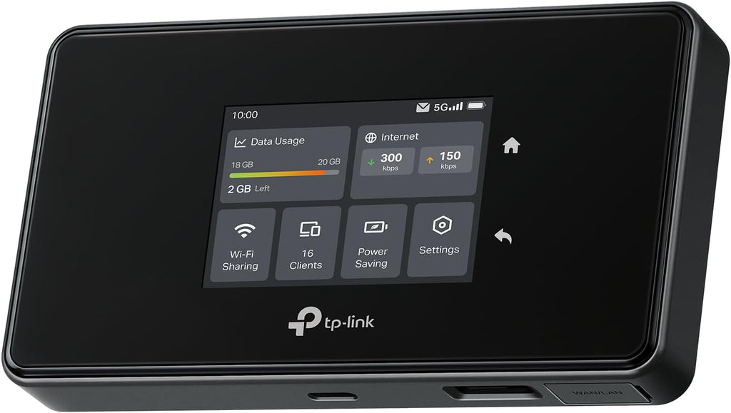 TP-Link M8550 5G LTE Mobiler WLAN Router â€?Bis zu 3,4 Gbit/s, Tri-Band Wi-Fi 6E, Nano-SIM-Karten Slot, Gigabit WAN/LAN, 4680 mAh Akku, Touchscreen, Wireguard, bis zu 32 Geräte