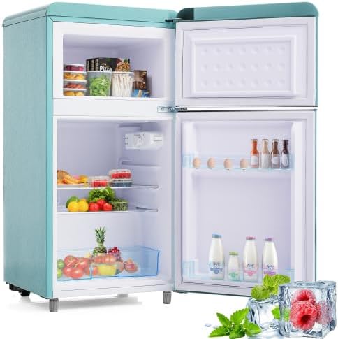 Merax Retro Kühlschrank mit Gefrierfach â€?72L Mini Kühlschrank, 21L Gefrierfach, 120 kWh/Jahr, Energieklasse E, LED-Licht, Cyan â€?Ideal für kleine Haushalte