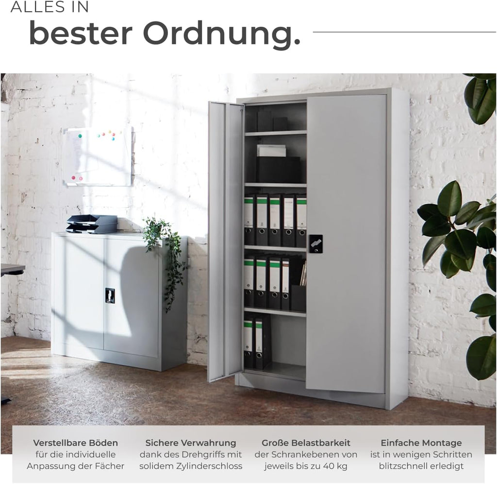 tectake® Aktenschrank, Büroschrank abschließbar, Mehrzweckschrank aus Stahl, Allzweckschrank mit 2 Türen, inkl. 3 höhenverstellbare Einlegeböden, Aktenschrank abschließbar 180x80x40 cm - grau