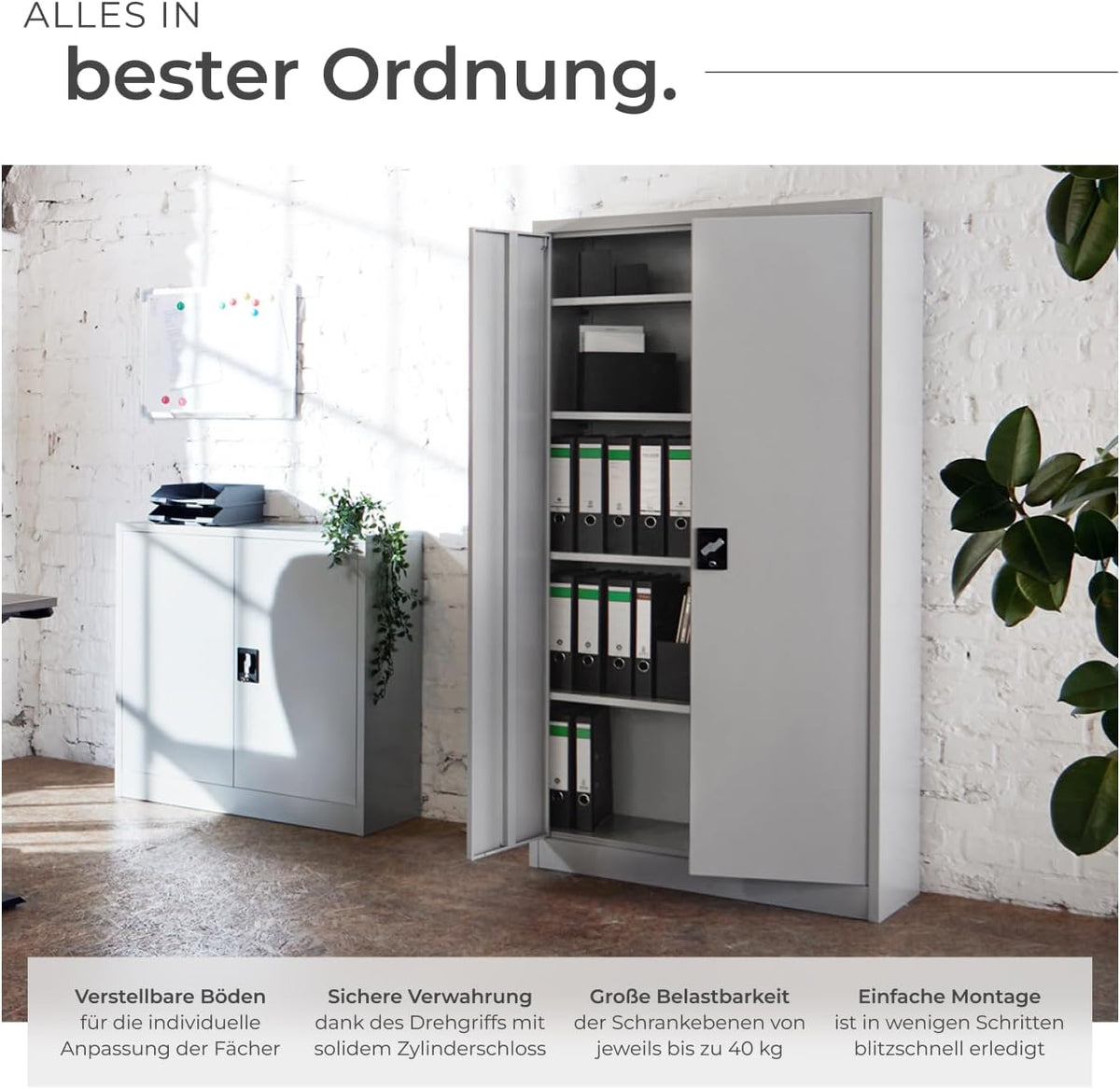 tectake® Aktenschrank, Büroschrank abschließbar, Mehrzweckschrank aus Stahl, Allzweckschrank mit 2 Türen, inkl. 3 höhenverstellbare Einlegeböden, Aktenschrank abschließbar 180x80x40 cm - grau