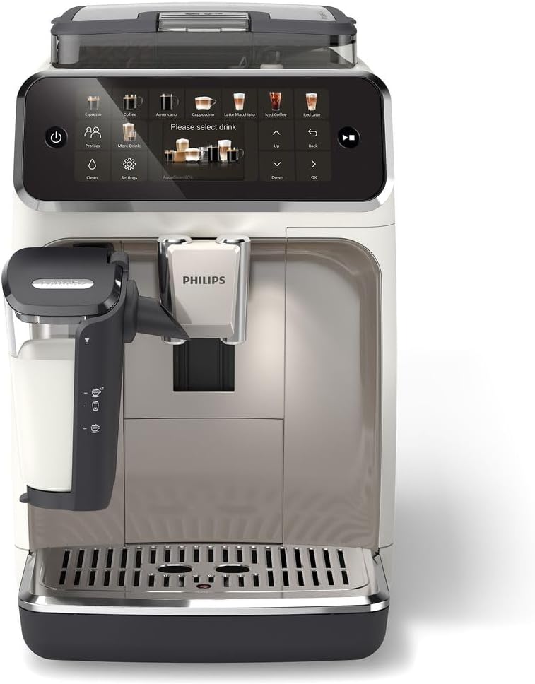 PHILIPS 5500 Series Kaffeevollautomat â€?20 Getränke, Modernes Farb-Touchdisplay, LatteGo-Milchsystem, SilentBrew-Technologie, 100% Keramikmahlwerk, QuickStart, 1,8L Wassertank, Weißchrom (EP5543/90)