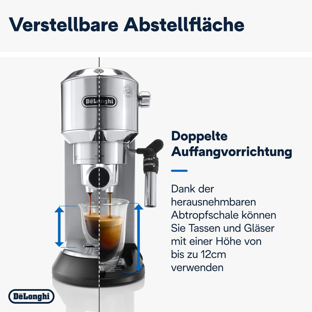 De'Longhi Dedica Style EC 685.M â€?Espresso Siebtrgermaschine, Espressomaschine mit professionellem Milchaufschumer, nur 15 cm breit, für Kaffeepulver oder ESE Pads, 1 l Wassertank, silber