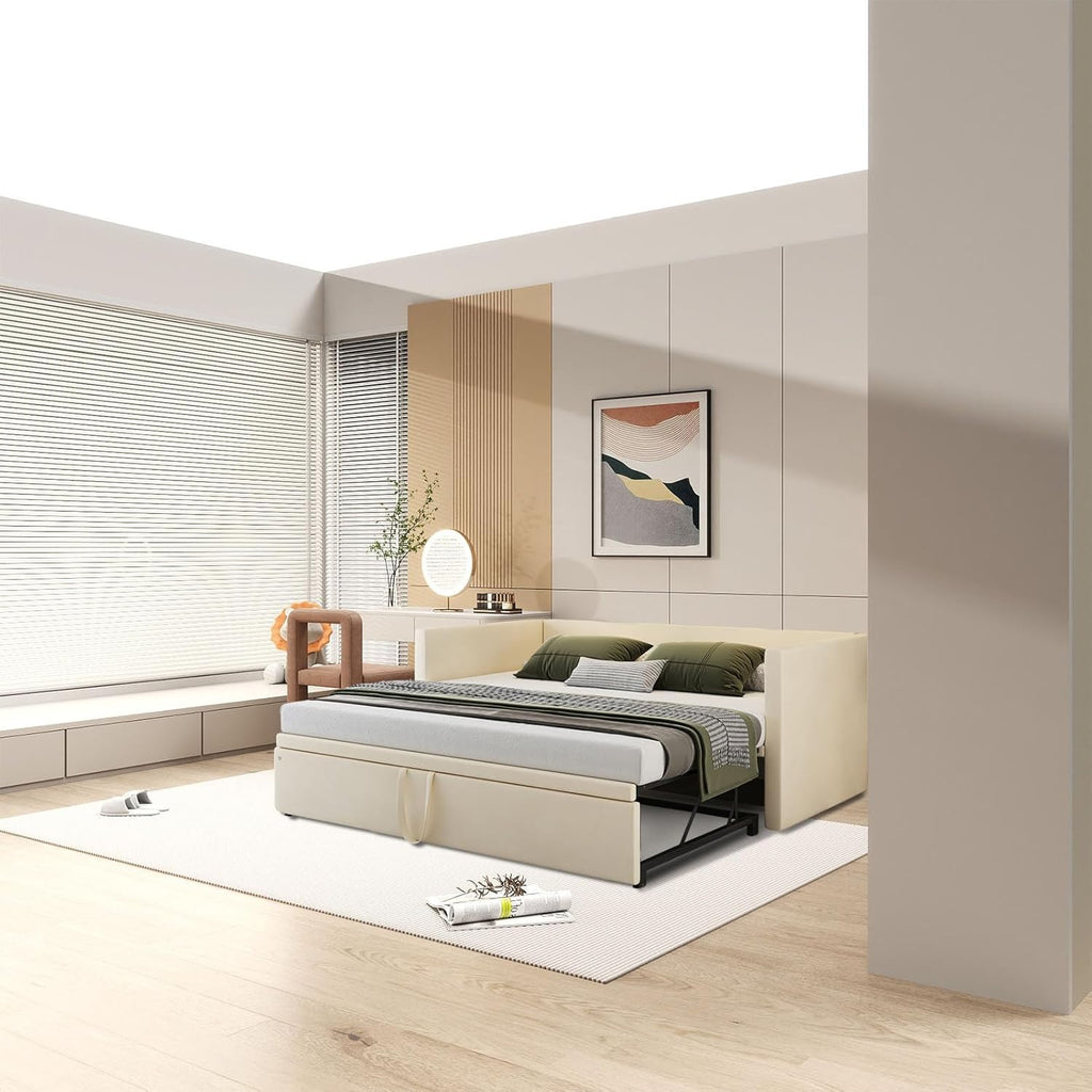 Schlafsofa 200cm Breit, Schlafcouch Ausziehbar, Schrankbett mit Sofa, Murphy Bed 90/180 x 200 cm, Polsterbett Tagesbett Ausziehbar mit Lattenrost, Doppelbett, Samtstoff, ohne Matratze (Beige)