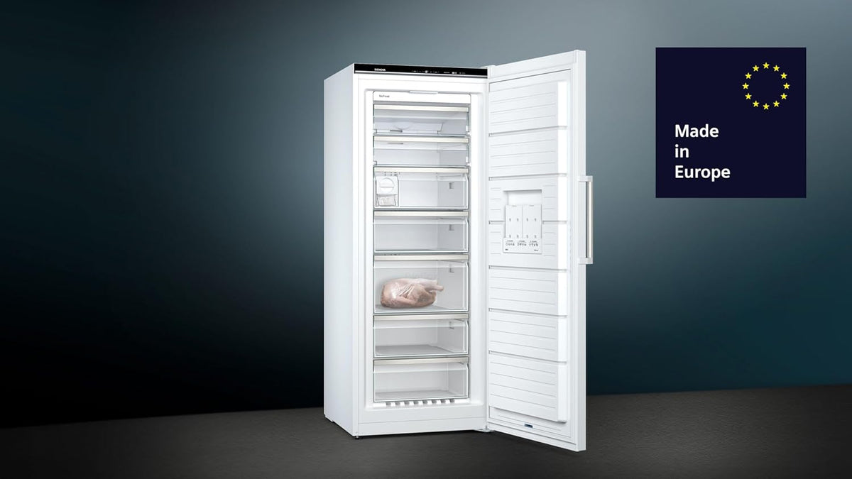 Siemens GS54NAWCV iQ500 Gefrierschrank, 176 x 70 cm, 327 L, noFrost nie wieder abtauen, bigBox Platz für großes Gefriergut, varioZone flexible Glas-und Schubladen, Weiß