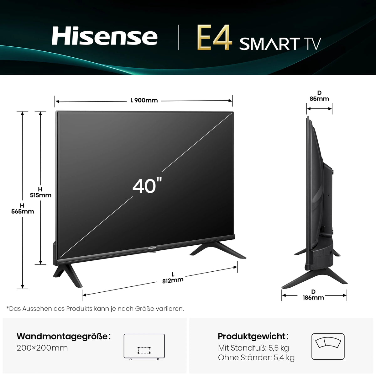 Hisense 40E4QT Fehrnseher, 40 Zoll, DLED, Smart TV, Game Mode, AI Sports Mode, Dolby Audio, Dolby MS12, DTS Virtual X, HDR10, HLG, Full HD, High Contrast, Rauschunterdrückung 2025