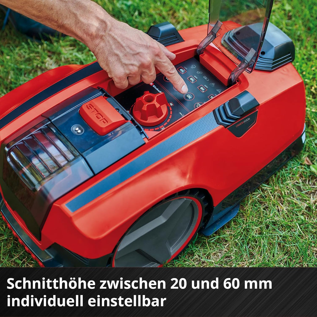 Einhell Mähroboter FREELEXO CAM 500 Power X-Change (18V, Kamera ersetzt Begrenzungsdraht, für 500 m², Brushless, bis 25% Steigung, Schnittbreite 18 cm, inkl. 3,0 Ah Akku, 5 m Magnetband)