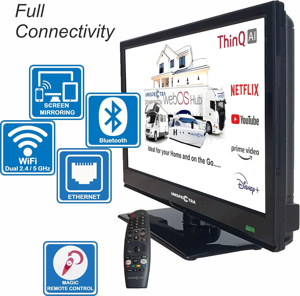 Unispectra® 16â€?Smart TV (webOS) Full HD 230V 24V Triple Tuner: Sat, Antenne, Kabel TV, 3xHDMI, 2xUSB, Magic Remote. 12V Fernseher für Wohnmobile, Wohnwagen, LKWs, Lieferwagen, Boote