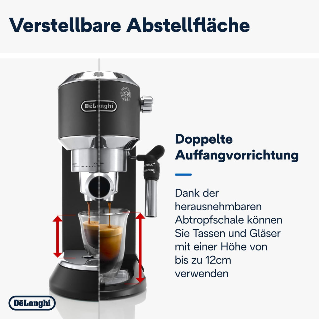 De'Longhi Dedica Style EC 685.M â€?Espresso Siebtrgermaschine, Espressomaschine mit professionellem Milchaufschumer, nur 15 cm breit, für Kaffeepulver oder ESE Pads, 1 l Wassertank, silber