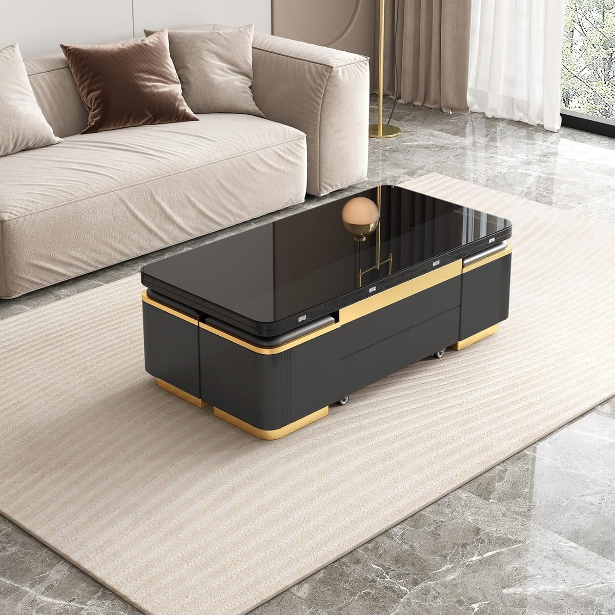 Guyii Höhenverstellbarer Couchtisch 120 cm lang mit Ablage, Multifunktionaler Cauchsofa Tisch, Coffee Table mit integriertem Stauraum und Klapptisch, Moderner Design für Wohnzimmer (schwarz)