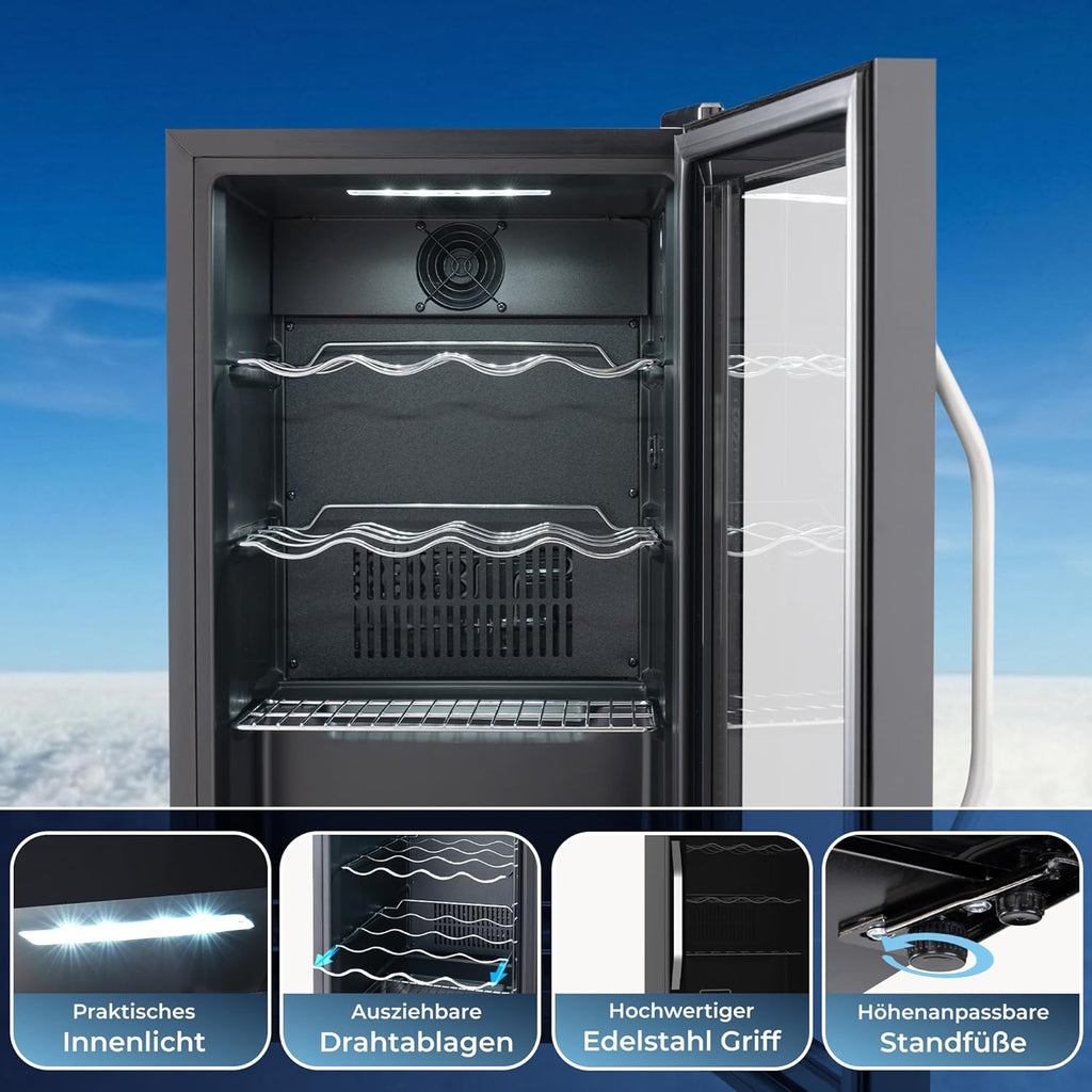 KLAMER Getränkekühlschrank 60 L, Mini Kühlschrank bis 60 Dosen, 0â€?0°C Touch Display, Glasfront, Automatische Abtaufunktion, Edelstahlgriff, Kühlschrank ohne Gefrierfach