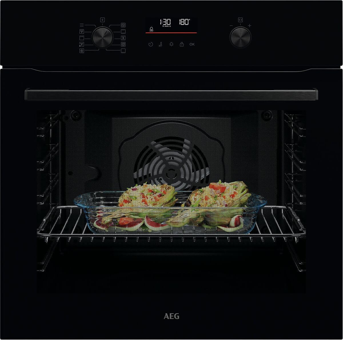 AEG Einbaubackofen â€?Serie 5 Ringheißluft: Gleichmäßige Garergebnisse auf 3 Ebenen â€?Pyrolyse Selbstreinigung â€?25 Automatikprogramme â€?LED-Touchdisplay â€?Schnellaufheizung â€?Schwarz â€?BPE53516AB