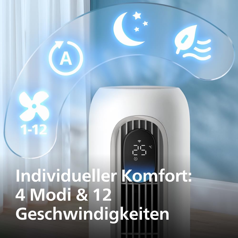 Philips Smarter Turmventilator 7000 Series â€?8,4 m/s stark, ultraleise 22 dB, energieeffizient, App & Fernbedienung, Wlan, 12 Stufen, Schlafmodus, Temp‑Anzeige, 12‑h Timer, 80° Oszillation (CX7550/00)