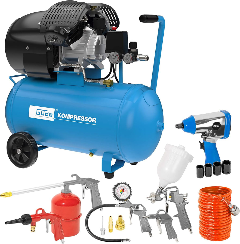 Güde Kompressor-Set 405/10/50 15T(ölgeschmiert, 10 bar, 2200 W, 50 l Kessel, eff. Liefermenge 250 l/min, 2x Manometer, 2x Druckluftkupplungen, Sicherheitsventil  und  Ablassschraube, inkl. Zubehör-Set)