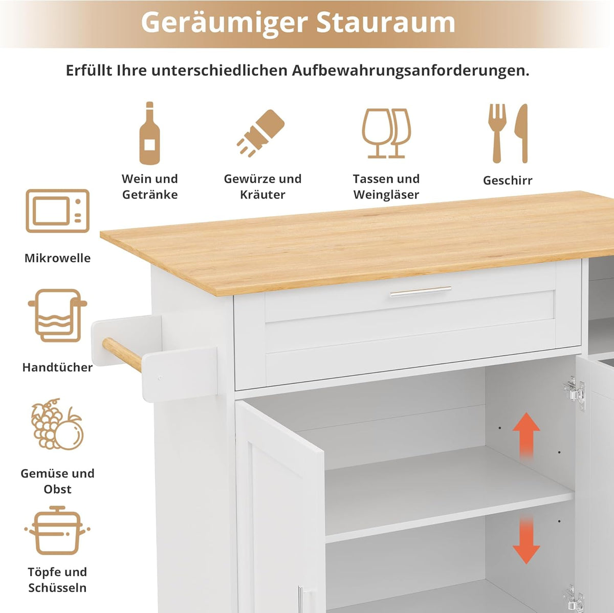 Mobiler Küchentisch, Arbeitsplatte Klappbar, Eiche Maserung, Multifunktionaler Schrank, Gewürzregal, Handtuchhalter, 5 Rollen, Weiß Geeignet für Küche/Essen/Haus