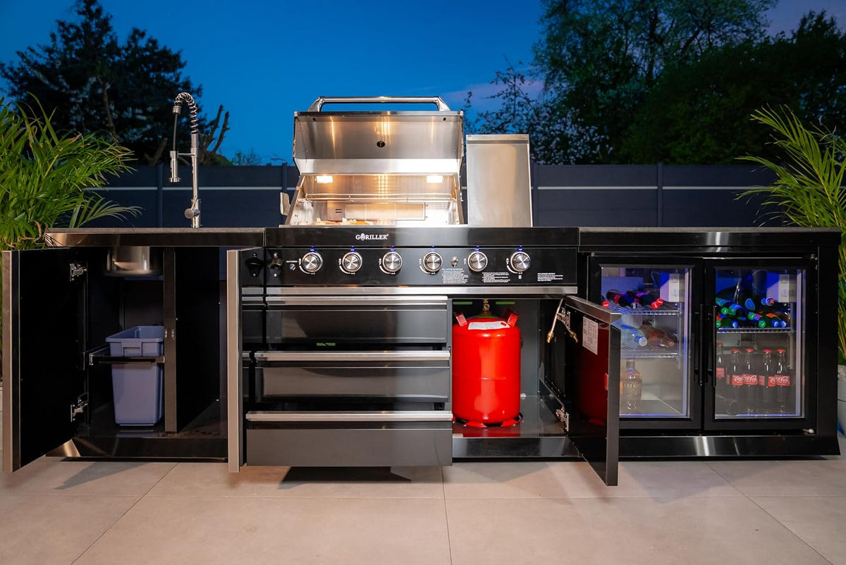 GORILLER® BLACKBACK M6 Outdoor-Küche, Gasgrill mit Doppel-Kühlschrank und Waschbecken, Edelstahl, Schwarz