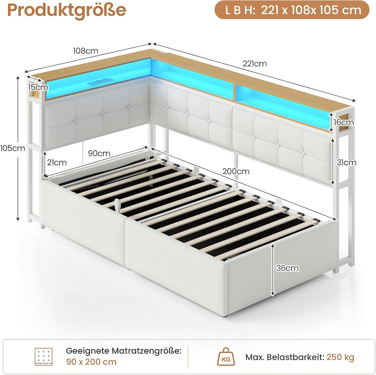 DICTAC Jugendbett 90x200 mit Stauraum, LED & Ladestation | Polsterbett mit hydraulischem Stauraum, zweistöckiges Ablagefach | Tagesbett Einzelbett in weißâ€?für Kinder, Jugendliche & Erwachsene