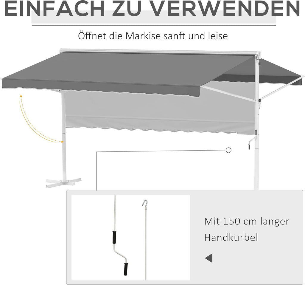 Outsunny Standmarkise Markise 4,5 x 3,4m Terrassenüberdachung Gartenmarkise mit Faltarm Kurbel Terrasse Grau Alu Metall