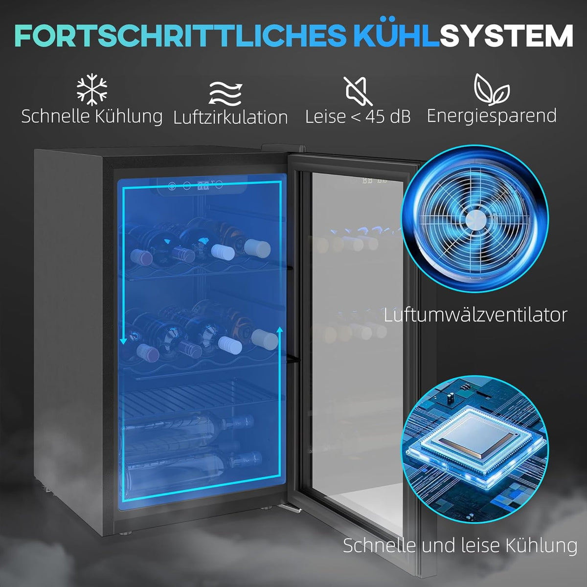 HOMCOM Weinkühlschrank 24 Flaschen, 68 Liter Weinschrank Klein, Getränkekühlschrank Flaschenkühlschrank mit Doppelglas-Tür, 4-16°C, LED-Beleuchtung, Digitalem Touchscreen, Wine Fridge, Schwarz
