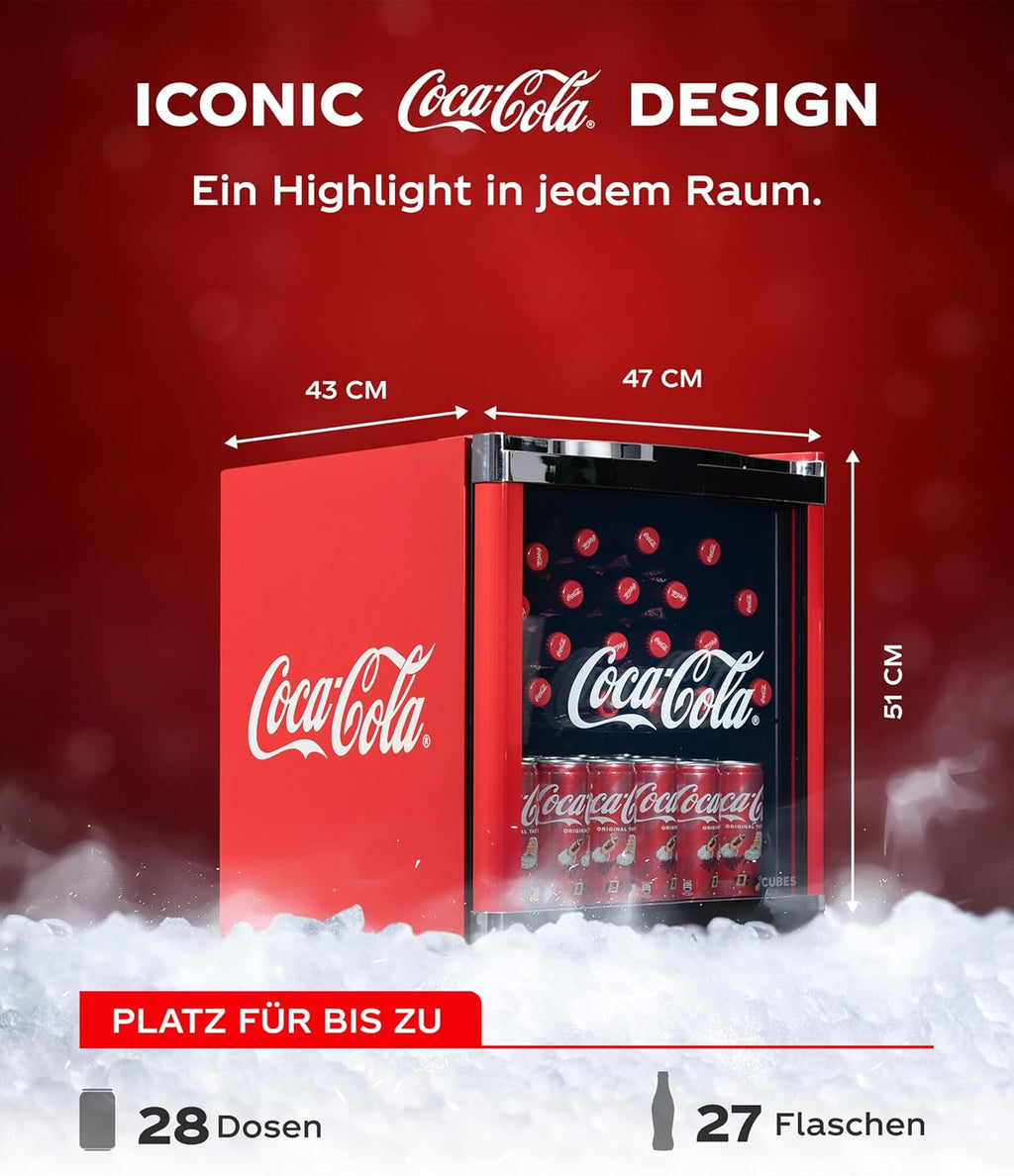 °CUBES Original Coca-Cola Mini Kühlschrank Rot 48L - Getränkekühlschrank mit Glastür, leise  und  energieeffizient - Für Büro, Partys  und  Gaming - Cooler Flaschenkühlschrank - Mini Kühlschrank für Getränke