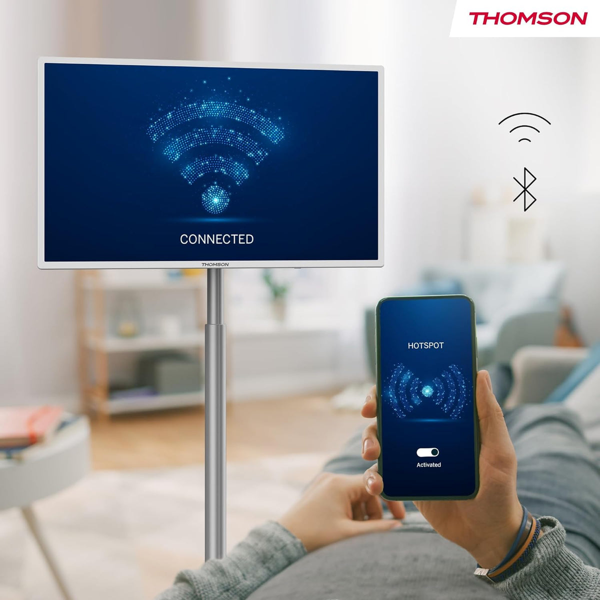 Thomson 32 Zoll (81 cm) Go TV, Tragbarer Android Fernseher â€?HD Ready (1366x768), Sprachsteuerung, Bluetooth 5.1, Wi-Fi, Hotspot-Funktion, Bis zu 4 Stunden Akkulaufzeit - 32HA4M44