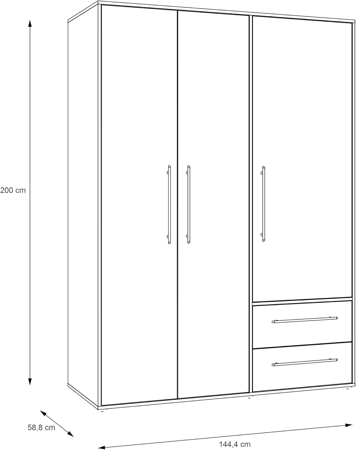 FORTE Jupiter Schrank 140 150, weißer Kleiderschrank, Drehtürenschrank, 3-türig, mit 2 Schubladen und Einlegeböden, Weiß, 145 cm breit x 59 cm tief x 200 cm hoch