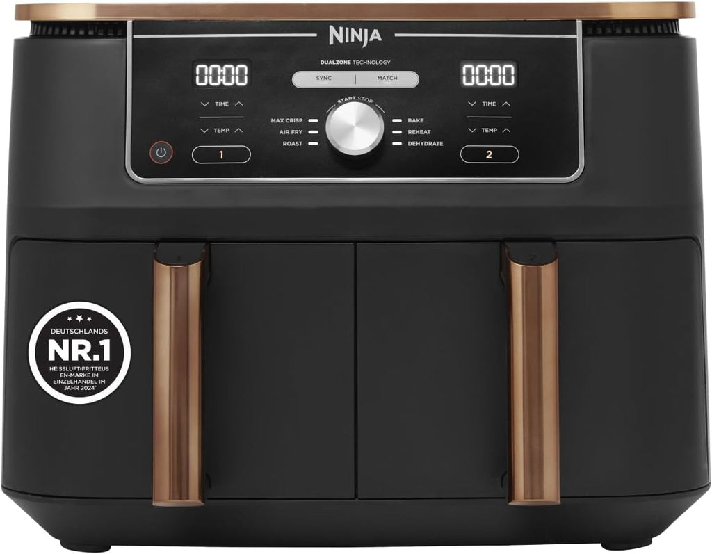Ninja Foodi MAX Dual Zone Heißluftfritteuse AF400EUCP Amazon Exclusive, â€?470 Watt , 9,5 L, 2 Heißluft-Frittierfächer, 6 Funktionen, 27 x 41.5 x 32.5 cm, Kupfer/Schwarz