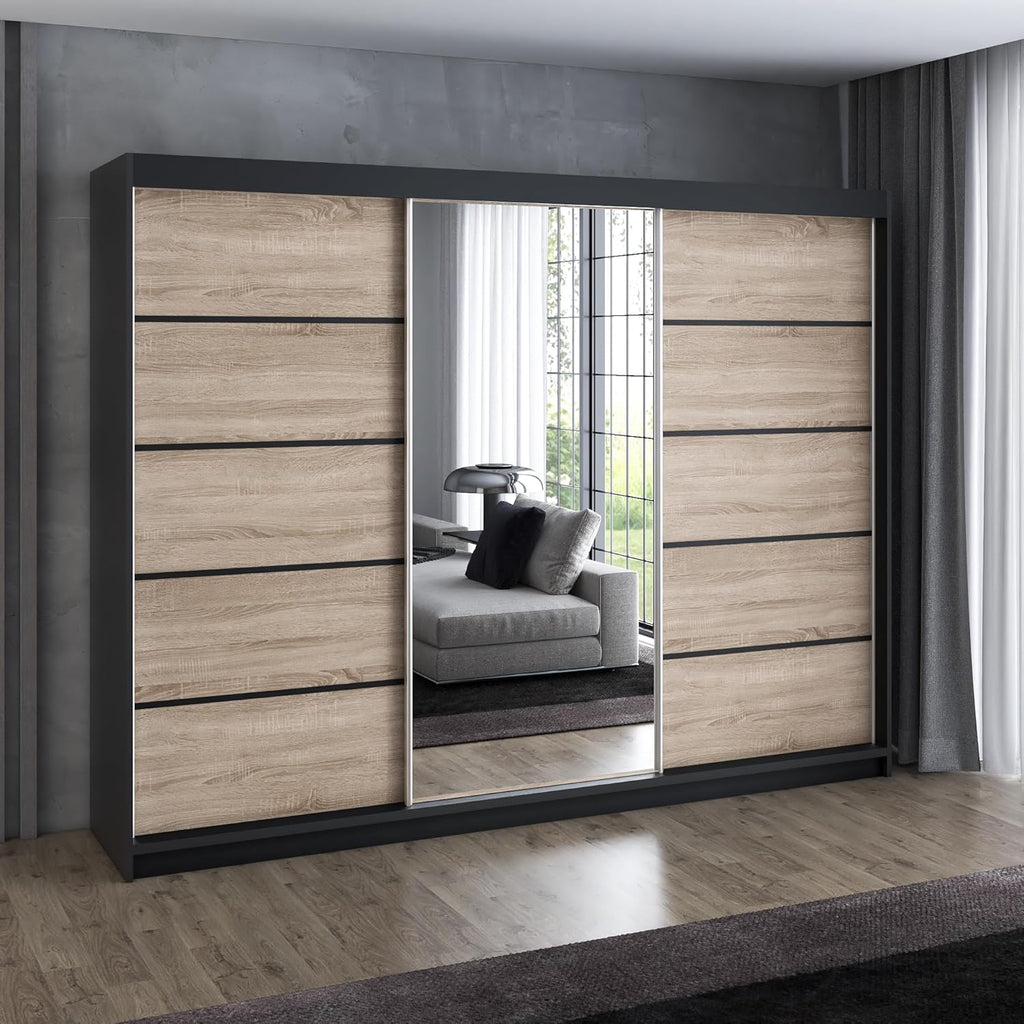 A und J MöbelLand Schwebetürenschrank VILUNO 2 Kleiderschrank 3-türig 200 cm mit Spiegel, 4 Schubladen  und  2 Kleiderstangen, Geräumiger Schlafzimmerschrank (Schwarz/Sonoma)