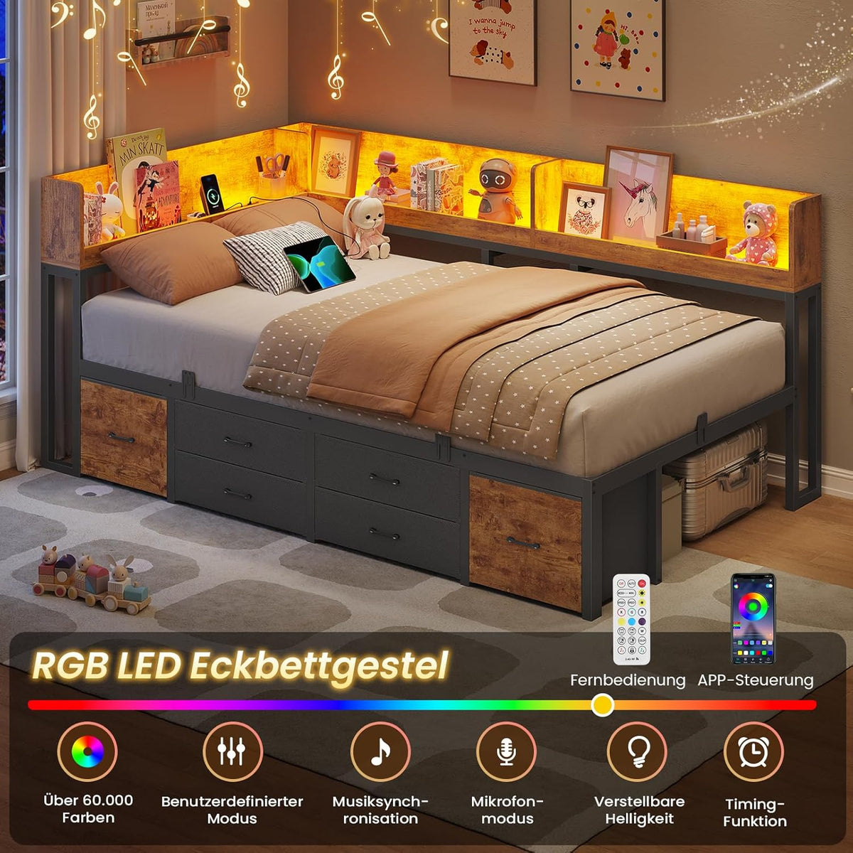 Bett 90x200 mit Stauraum Schlafsofa mit Integriertem Bücherregal & 6 Schubladen,Jugendbett mit LED-Beleuchtung & Ladestation Gästebett Tagesbett Bettgestell mit Lattenrost(Vintage Braun, 90x200cm)