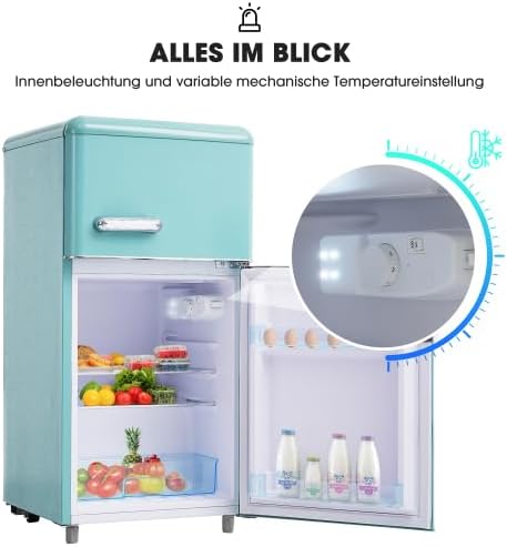 Merax Retro Kühlschrank mit Gefrierfach â€?72L Mini Kühlschrank, 21L Gefrierfach, 120 kWh/Jahr, Energieklasse E, LED-Licht, Cyan â€?Ideal für kleine Haushalte