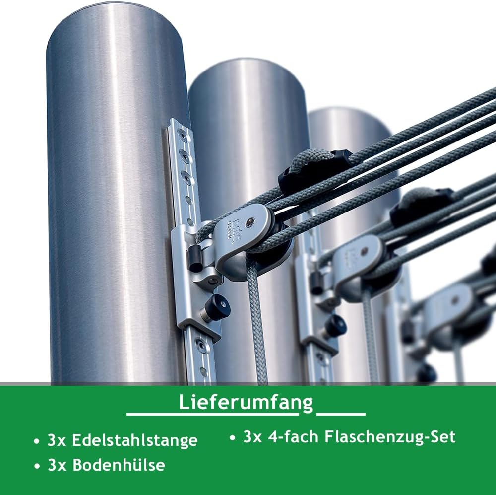 Sonnensegel Stangen Set - ø70mm, höhenverstellbar 3m, aus V2A Edelstahl inkl. Zubehör - 4-Fach Flaschenzug-Set & 0,75m Bodenhülse | Befestigung für sehr große Segel (3er Set)