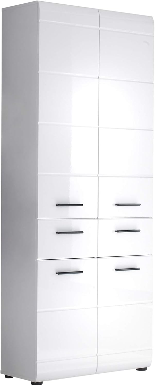 trendteam smart living - Skin - Hochschrank - Weiß/Weiß Hochglanz - Badschrank 12 Fächer und 2 Schubladen - (BxHxT) 30 x 182 x 31 cm - Schwarze Griffe - Kratzfest